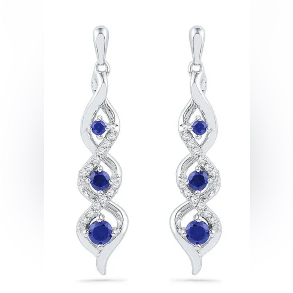 New Beautiful Sterling Silver Blue White Sapphires Drop Earrings - Picture 3 of 3